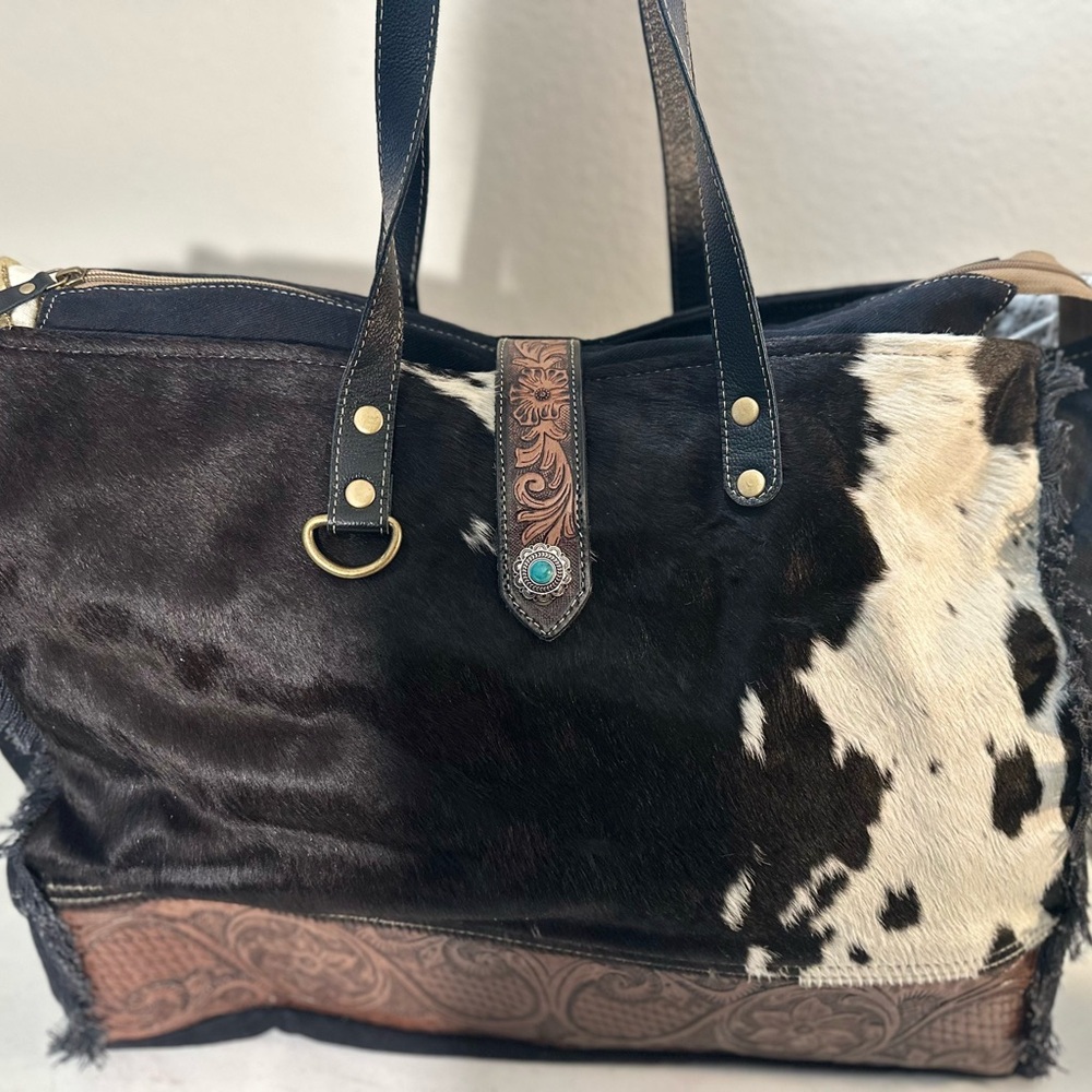 Authentic Cowhide Tote bag- Black,white and Brown